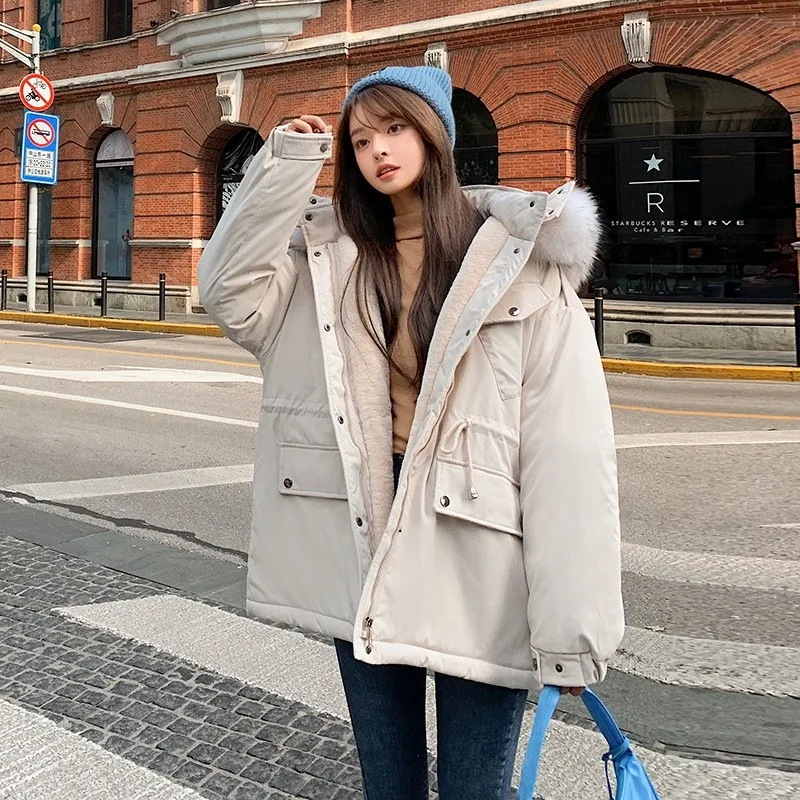 Women Fashion Fur Collar Hooded Loose Long Parkas Winter Coats Thick Cotton Padded Jackets Female Solid Loose Casual Overcoat
