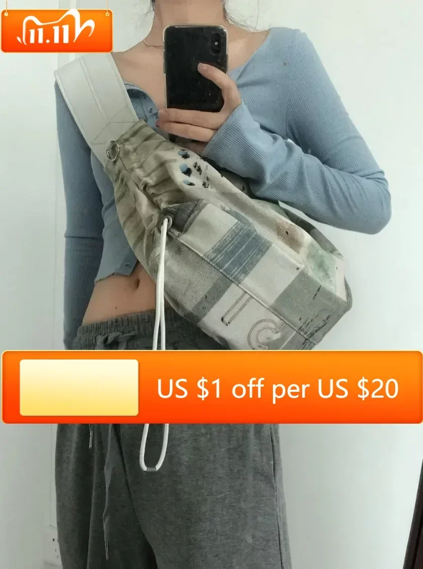 

Fashion Design Women Canvas Print Shoulder Bag Large Capacity Ladies Drawstring Underarm Bags Student Travel Casual Tote Handbag