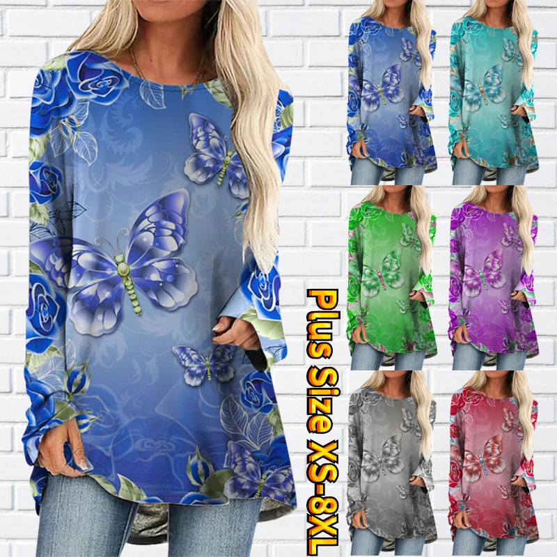 

New Women's Butterfly Print Blouse Autumn Winter Female Loose Sleeves Ladies Round Neck Pullover Contracted Wind Tee Shirt
