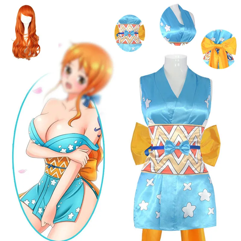 

Anime Nami Cosplay Costume Halloween Carnival Female Skirt Belt Bow Kimono Sexy Dress Wig