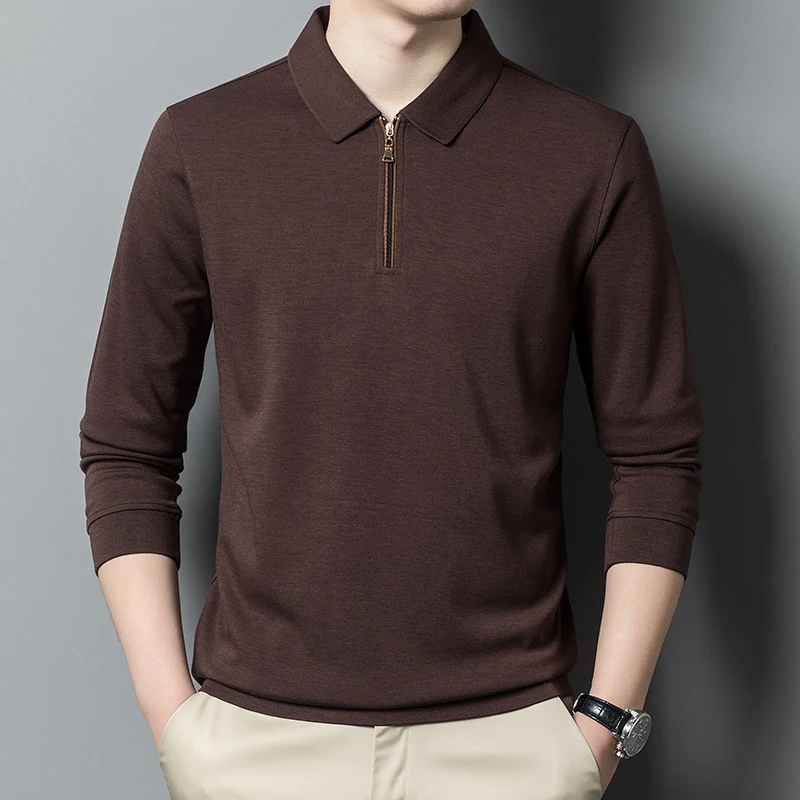 

Wool Long Sleeve Zipper Collar T-shirt Business Casual Spring and Autumn Middle-Aged Men Solid Color Anti-Wrinkle Polo Shirt