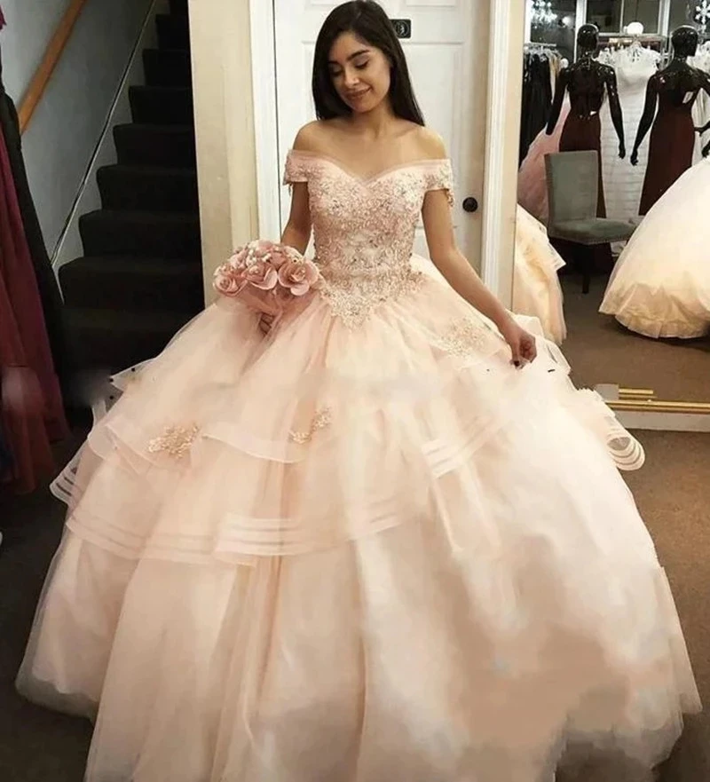 

ANGELSBRIDEP Pink Off-Shoulder Quinceanera Dresses Vestidos De 15 Anos Applique Beading Sweet 16 Princess Birthday Party Gowns