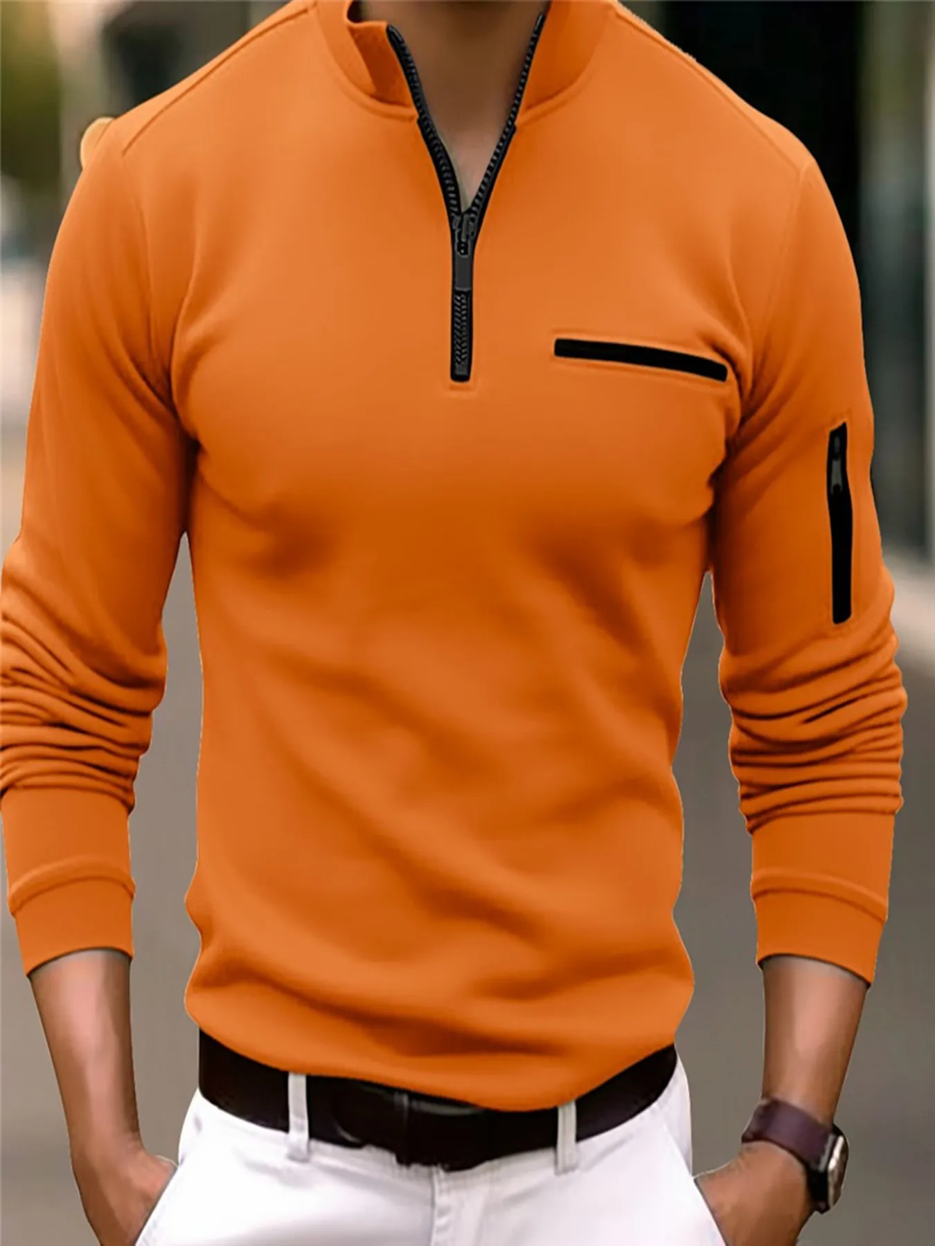 

Cross Border 2024 Spring/Fall long-sleeved V-neck POLO shirt Arm zip Men's sports polo shirt
