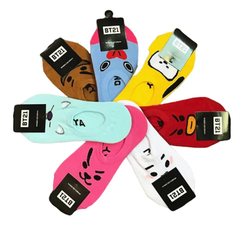 

Новые Симпатичные хлопковые жаккардовые туфли-лодочки Kawaii Btss Bt21 с героями аниме вокруг плюша парные мультфильмы тонкие невидимые носки