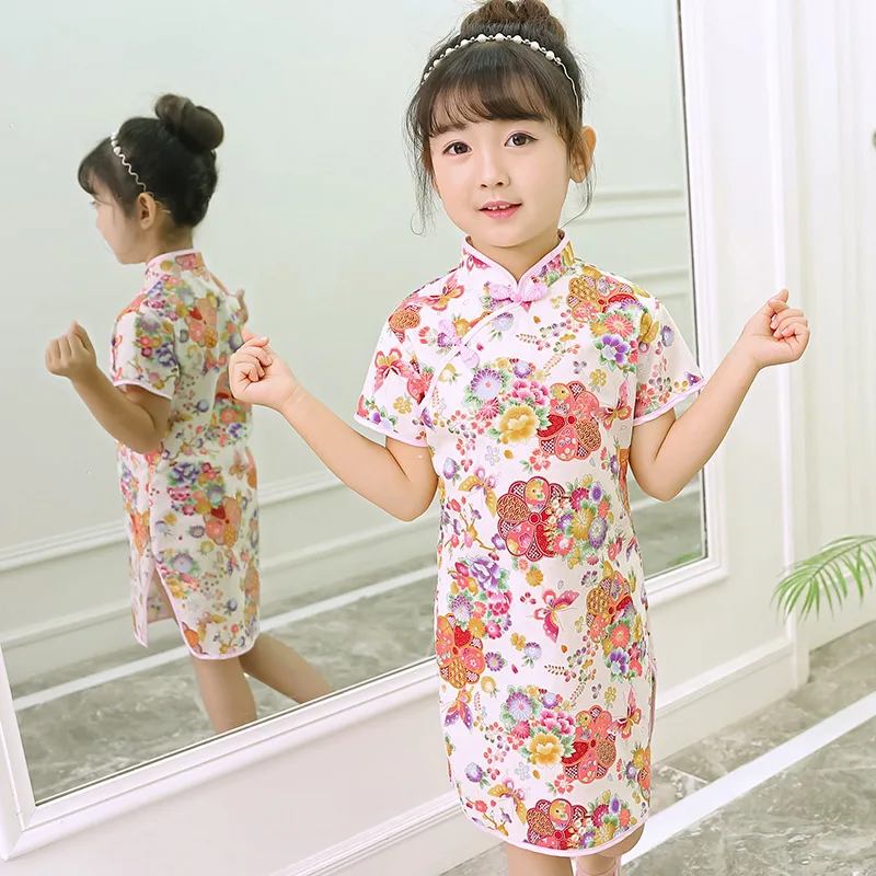 

Floral Baby Girl Qipao Silky Dress Children Chi-Pao Cheongsam Chinese New Year Costume Clothes Kids Dresses Wedding Uniform 2-16