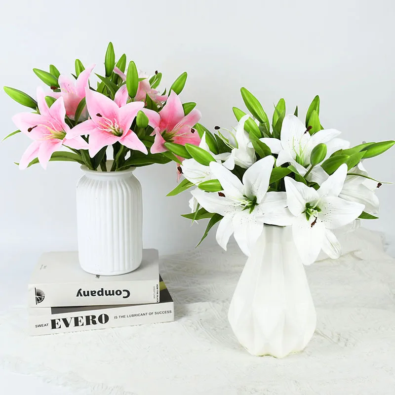 

1bunch Simulation Flower Lily White Pink Yellow DIY Creative Artificial Lily Bouquet Wedding Party Home Garden Living Decoration