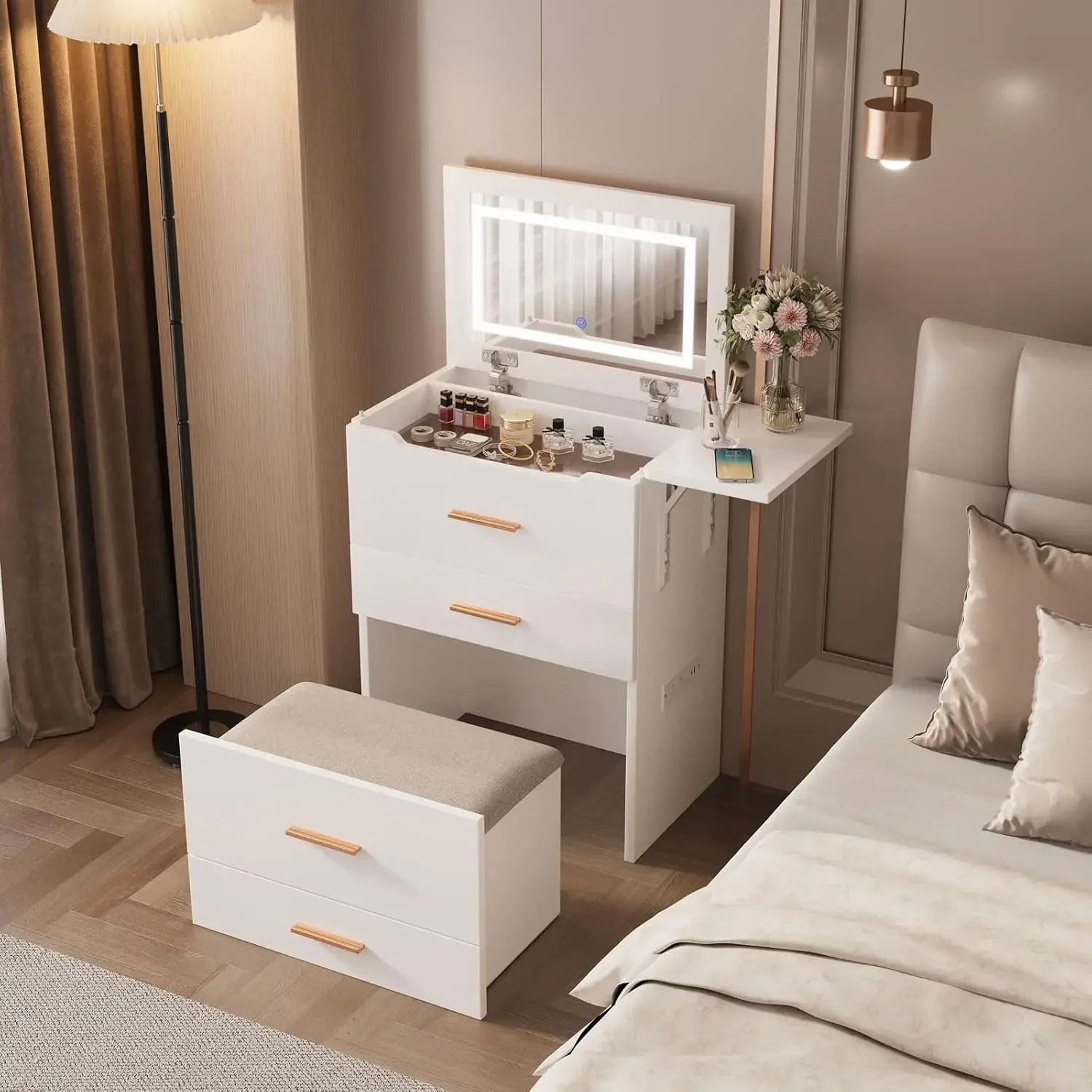 Столик для макияжа с зеркалом и подсветкой набор 3-в-1 3 ящиками маленький столик