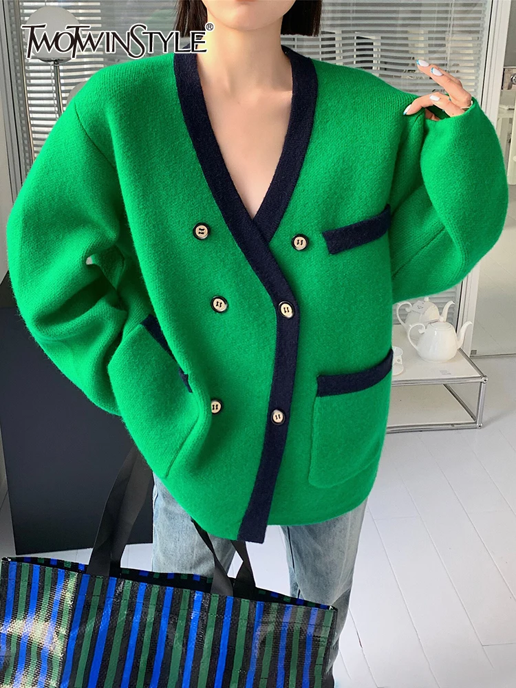 

TWOTWINSTYLE Knitting Sweater For Women V Neck Long Sleeve Casual Loose Spliced Double Breasted Sweater Female Fashion Clothes