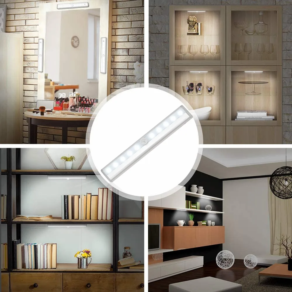 

USB Motion Sensor Night Light Potable 10 LED Closet Lights LED Cabinet Light Wall Lamp for Bar Cabinet Wardrobe Cupboard