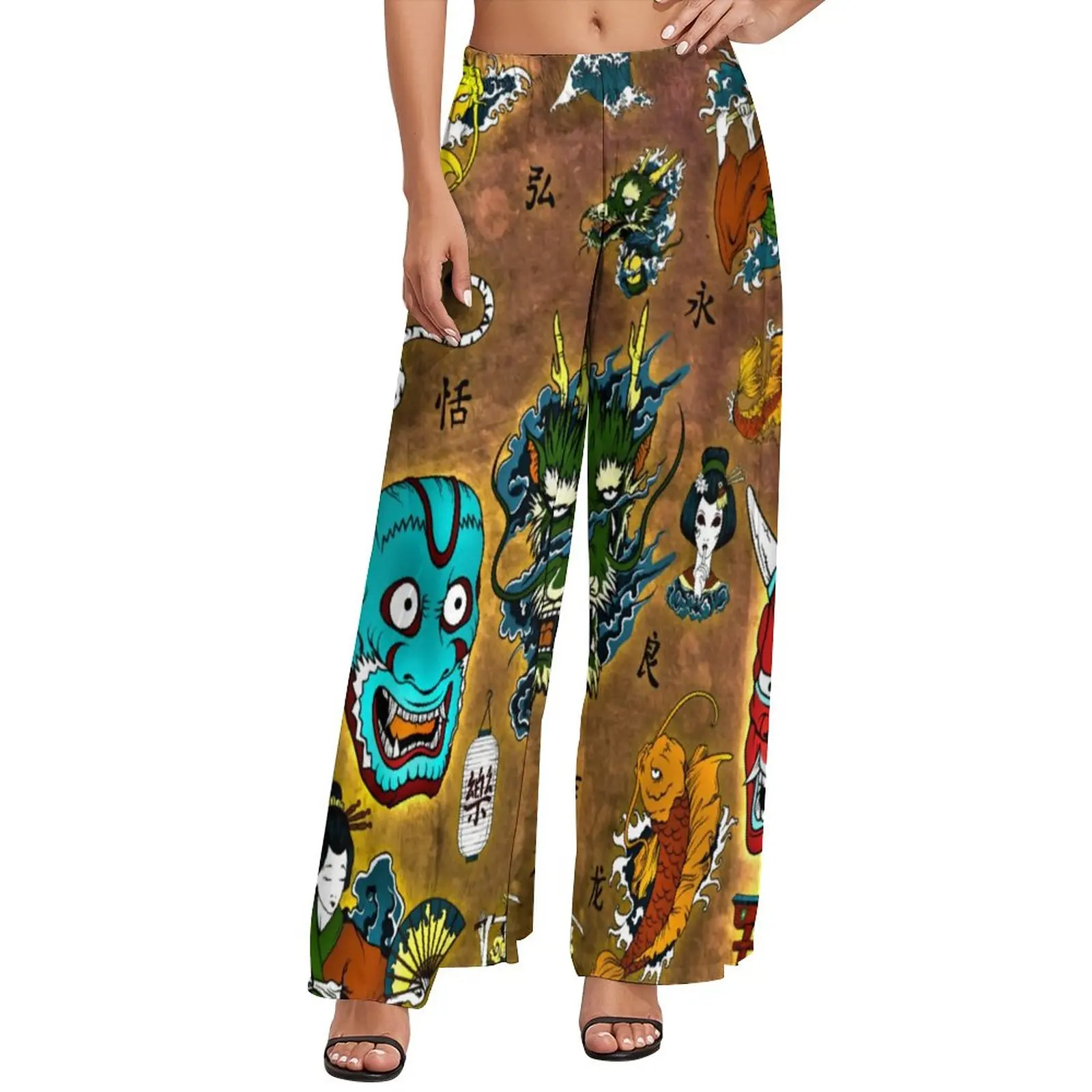 

Смешные японские аниме брюки Дракон фантазия кавайные широкие брюки женские корейские модные прямые брюки большого размера с узором