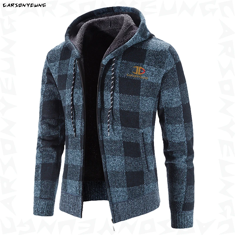 

2022 Autumn Winter Men Hooded Sweatercoat Plaid Color Wool Liner Knitted Sweaters Jacket Man Casual Knitwear Cardigan Coat Male