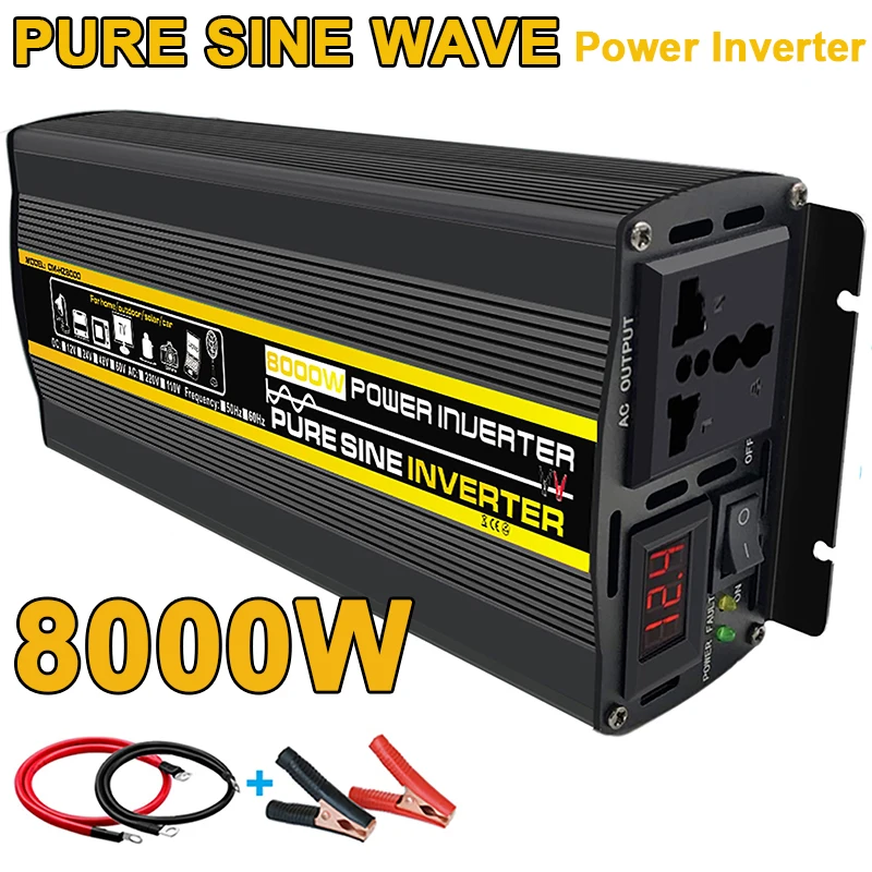 

8000W Pure Sine Wave Power Inverter 12V 24V To 220V Inverter Universal Socket Converter for Home Outdoor RV Solar System