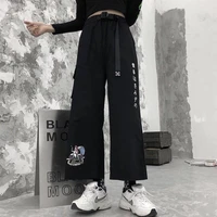 anime print high waist belt 2021 wide leg pants women jogging pants korean fashion trousers harajuku loose straight leg pants
