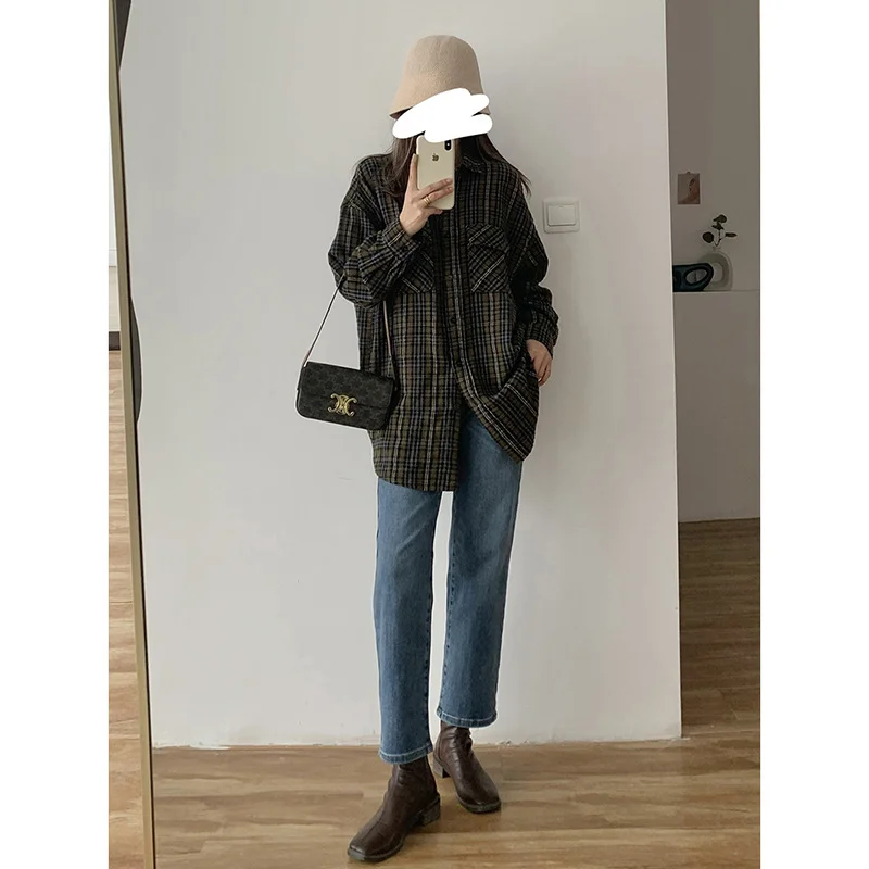Navy Blue Plaid Blazer Suit Women Casual Cardigan Style Shirt Blazer Office 2023 New Street Fashion Single Commute Suit Breasted