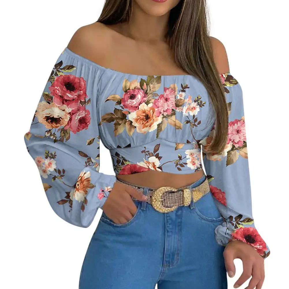 

Autumn Women Daisy-Print Crossed Tied Back Crop Top 2022 Femme Casual Off Shoulder Ruched Lantern Sleeve Blouse y2k Lady Outfits