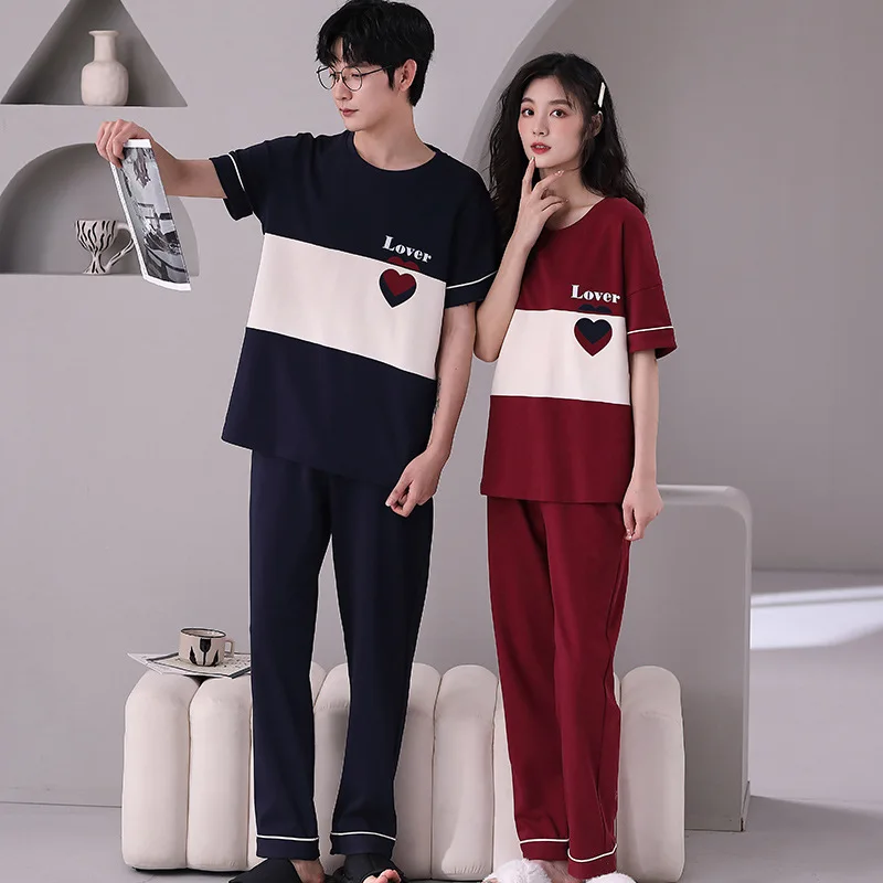 

Yasuk Spring Summer Women Men Casual Soft Sleepwear Homewear Couple Pajamas Set Pants Cotton Simple Solid Stripes Heart Unisex