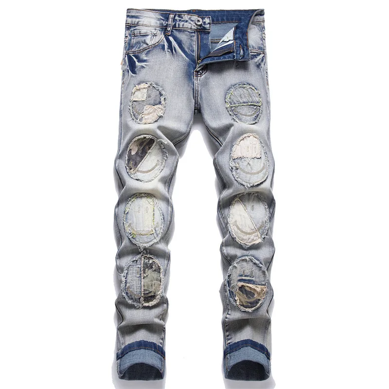 

2023 Autumn Spring Men's Ripped Street HIP HOP Punk Stretch Bike Jeans Trendy Holes Straight Denim Trouers