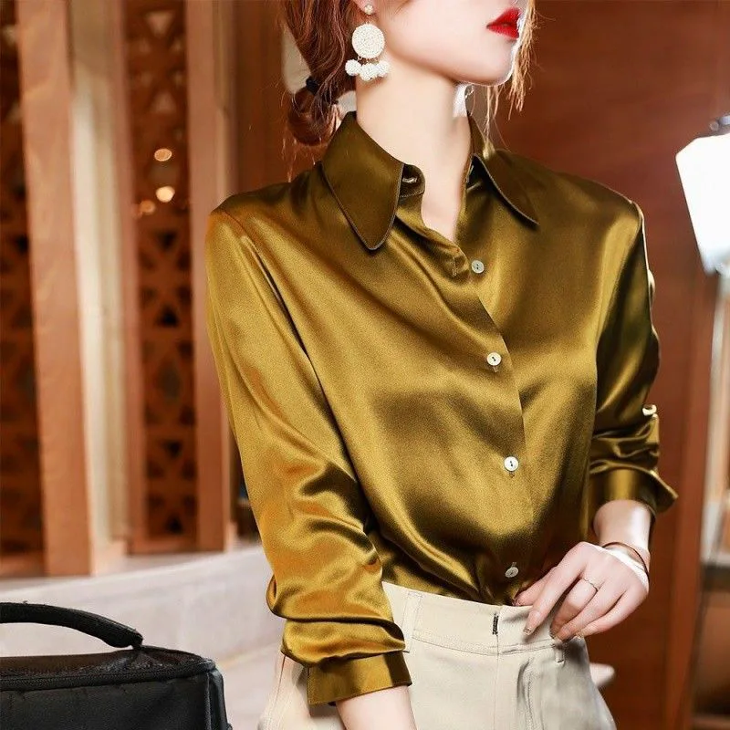 

High Quality Luxury Women Shirt Elegant Office Button Up Long Sleeve Shirts Momi Silk Crepe Satin Blouses Business Ladies Top