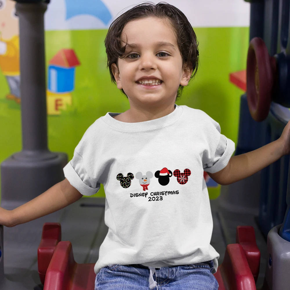 

2023 Disney Christmas Print Outdoor White Kids T-Shirts Dropship Shorts Sleeve Mickey Creativity Girls Clothes Casual Child Tee