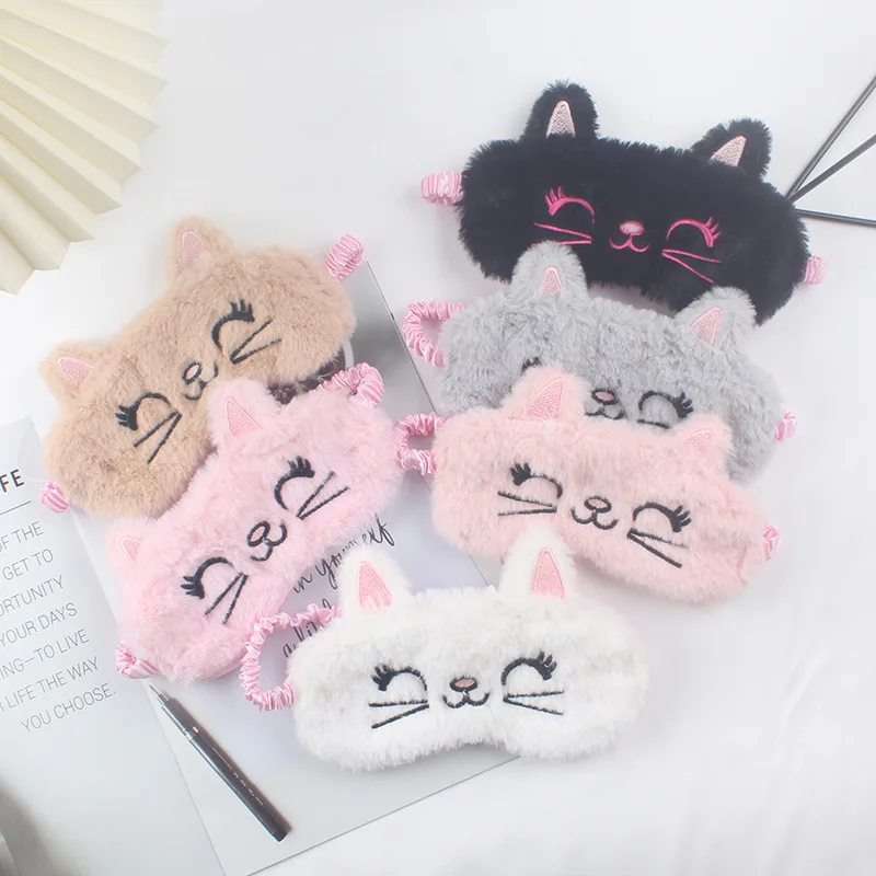 Plush Sleep Eye Mask Autumn Winter 2022 New Korean Version Cute Girls Cartoon Cat Sleeping Shading Home Eye Mask