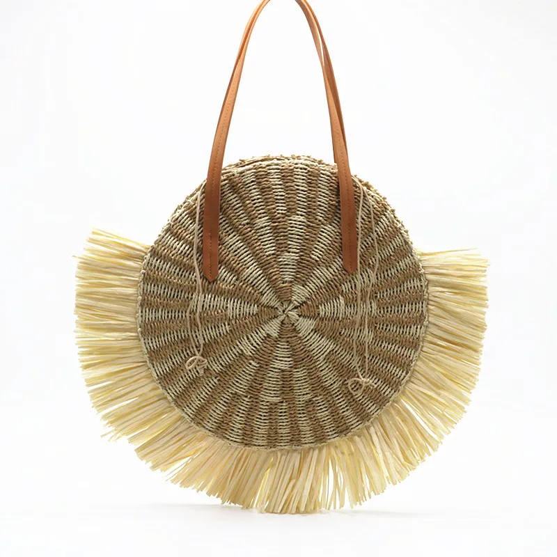 Handbags Boho Designer Rattan Beach Bags for Women Summer Tassel Round Straw Bag Shoulder Bag Bohomian Luxury Brands Big Tote