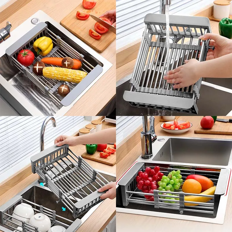 

Регулируемая стойка для раковины из нержавеющей стали, стойка для посуды, держатель для посуды, стойка для хранения для кухонной раковины, с...