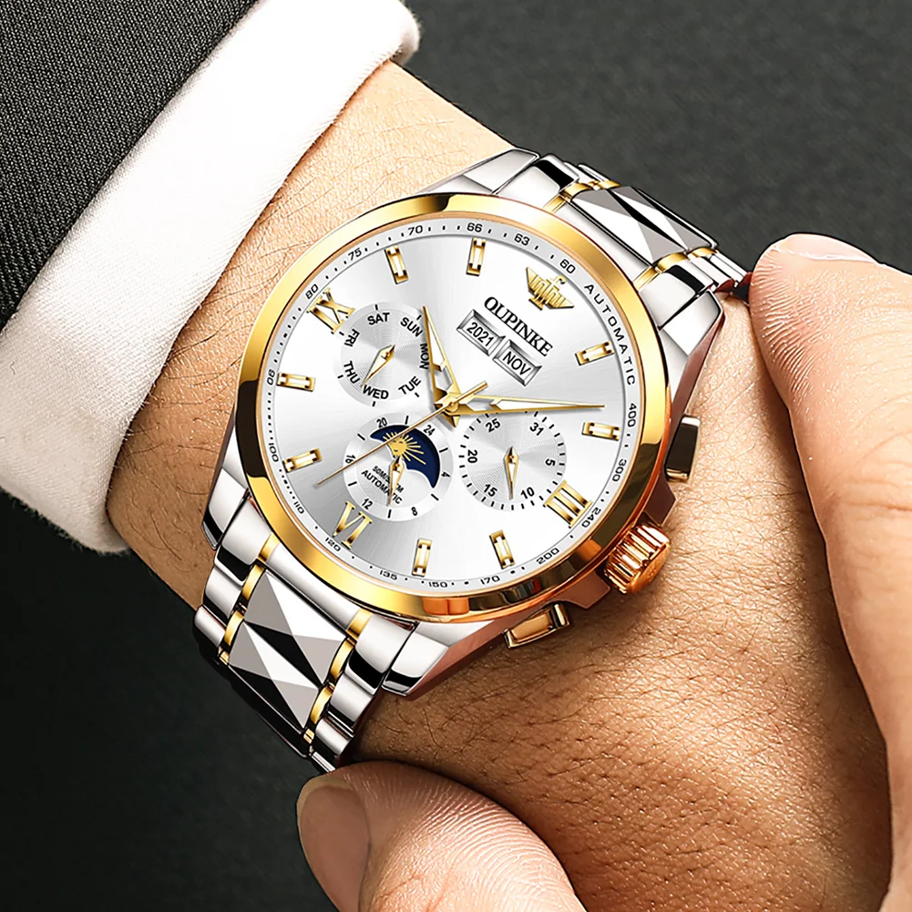 OUPINKE New Couple Mechanical Watch Sapphire Tungsten Steel Skeleton Waterproof Luminous Fashion Necklace Bracelet Couple Watch