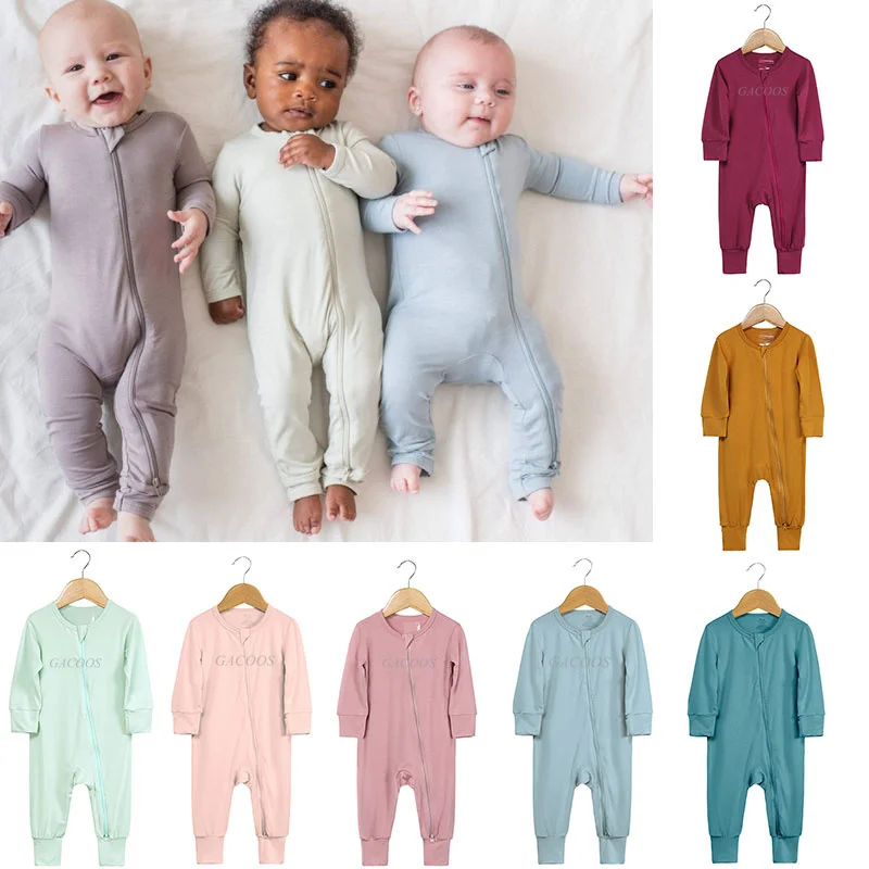

0-24M Bamboo Fiber Baby Zipper Romper Soft Long-Sleeve Baby Boy Girl Clothes Solid New Born Onesies Baby Jumpsuit Girls Pajamas