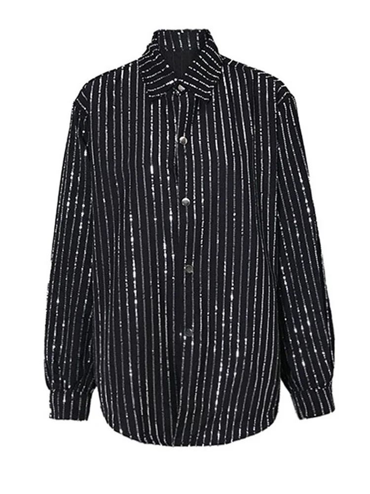 Женская блузка в полоску с длинным рукавом и отложным воротником