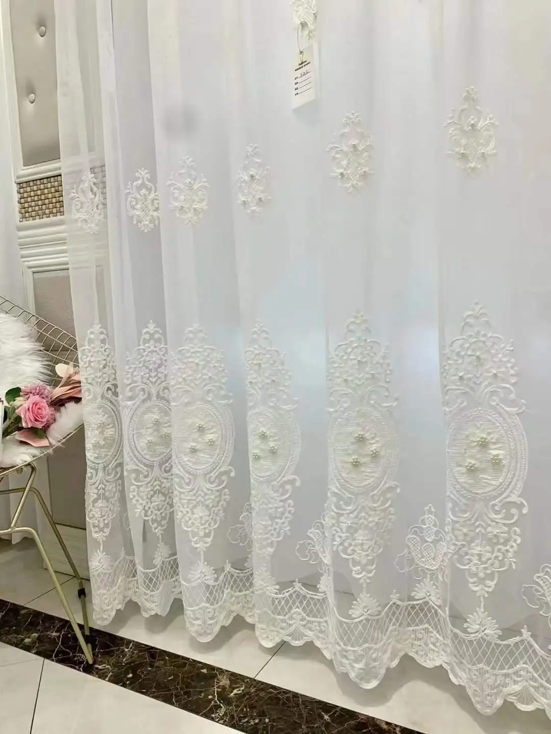 

Elegant Sheer Curtains Contain Pearls Embroidery Tulle Light-Transparent Window Curtains For Living Room Bedroom