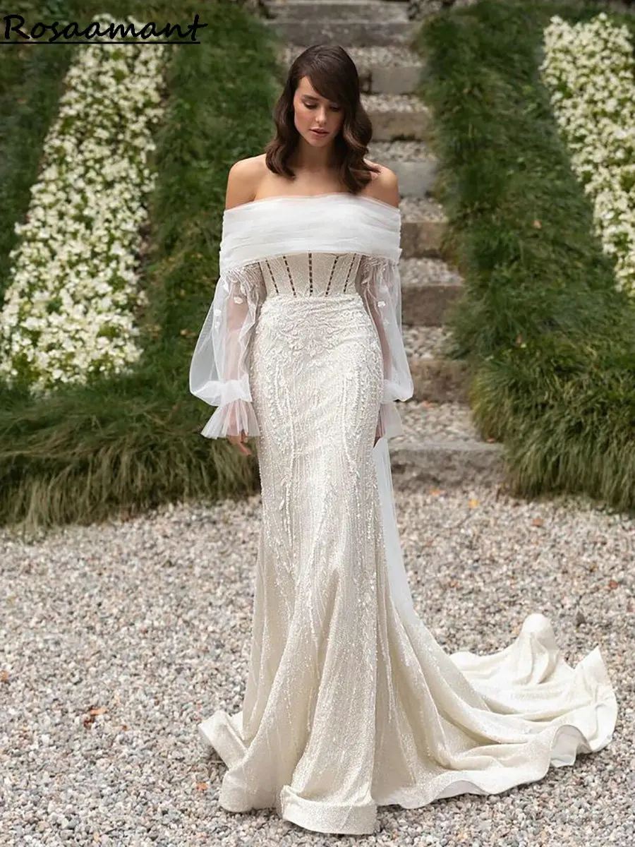 

Bohemian Illusion Back Beading Appliques Lace Mermaid Wedding Dresses Detachable Long Sleeve Country Boho Bridal Gown