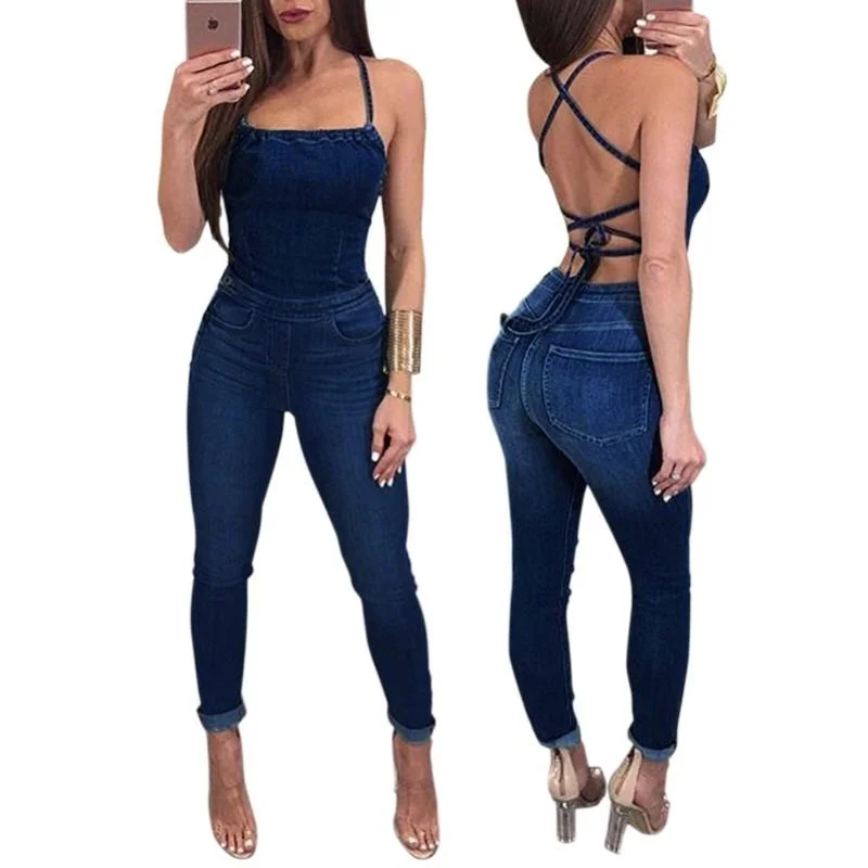 Women's Jumpsuits & Rompers Sexy Backless Off Shoulder Jeans Jumpsuit Summer 2022 Bandage Bodaycon Denim Romper Cotton Playsuit