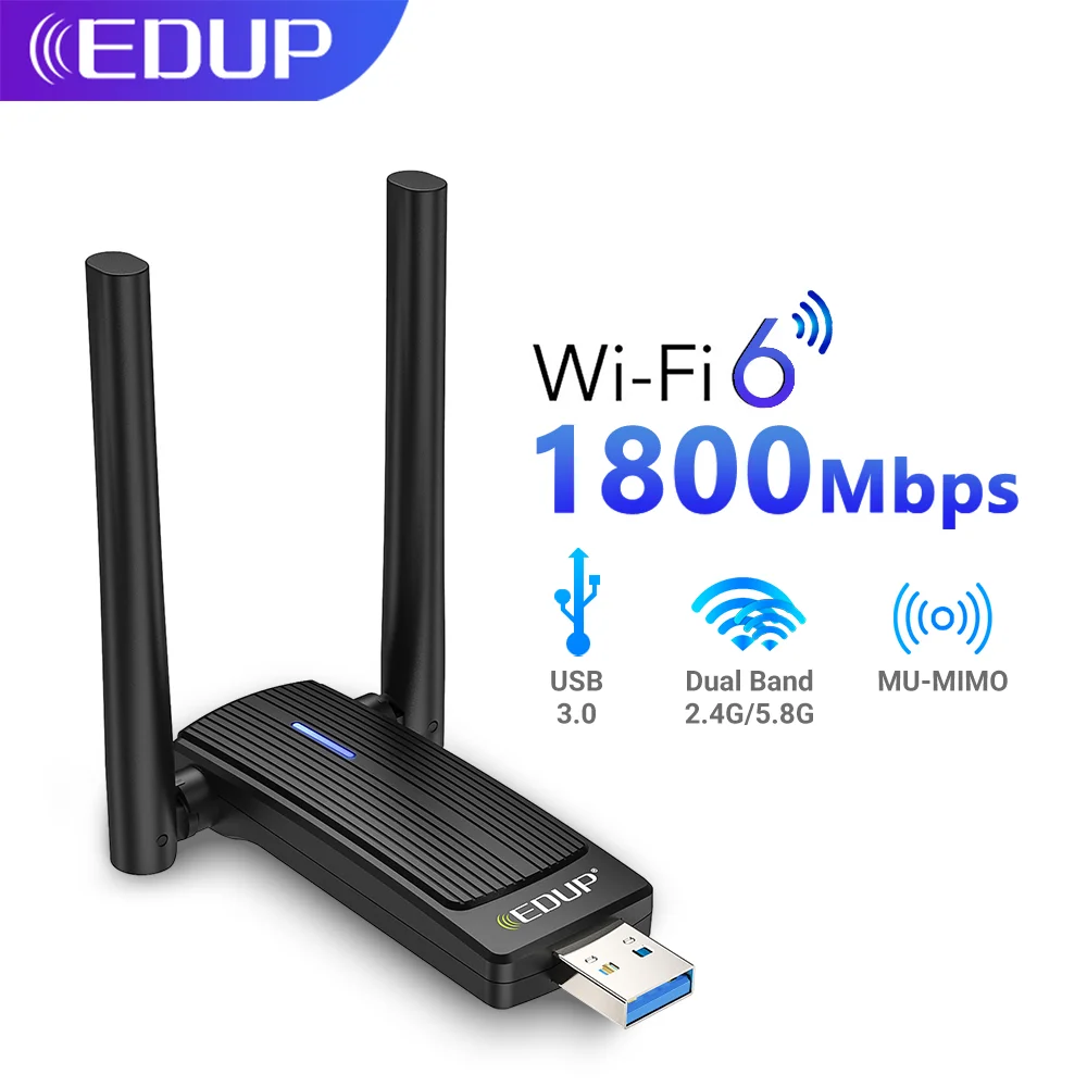 

EDUP WiFi6 USB WiFi Adapter 1800Mbps Dual Band AX1800 2.4G 5.8GHz Network Card Wifi Dongle MU-MIMO USB3.0 For PC Laptop Windows