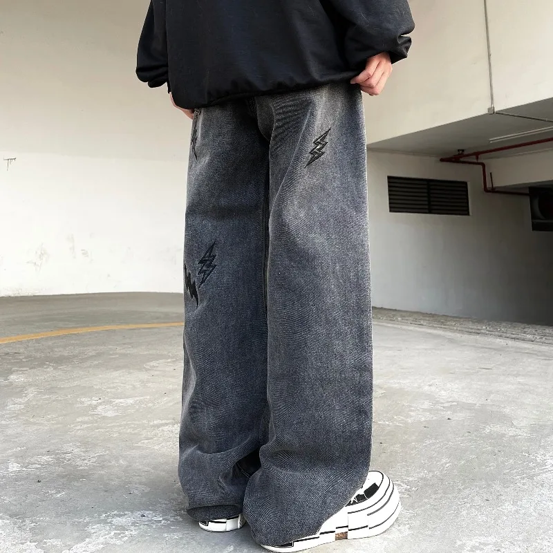 American Vibe Wind Lightning Pattern Leather Jeans Men's Trend Hip-hop Retro Slacks Fashion Street Men Ins Selling Y2k Men Jeans