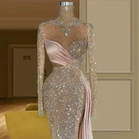 sexy perspective side slit mermaid prom dress shiny crystal beaded high neck long sleeve banquet party evening dress plus size c