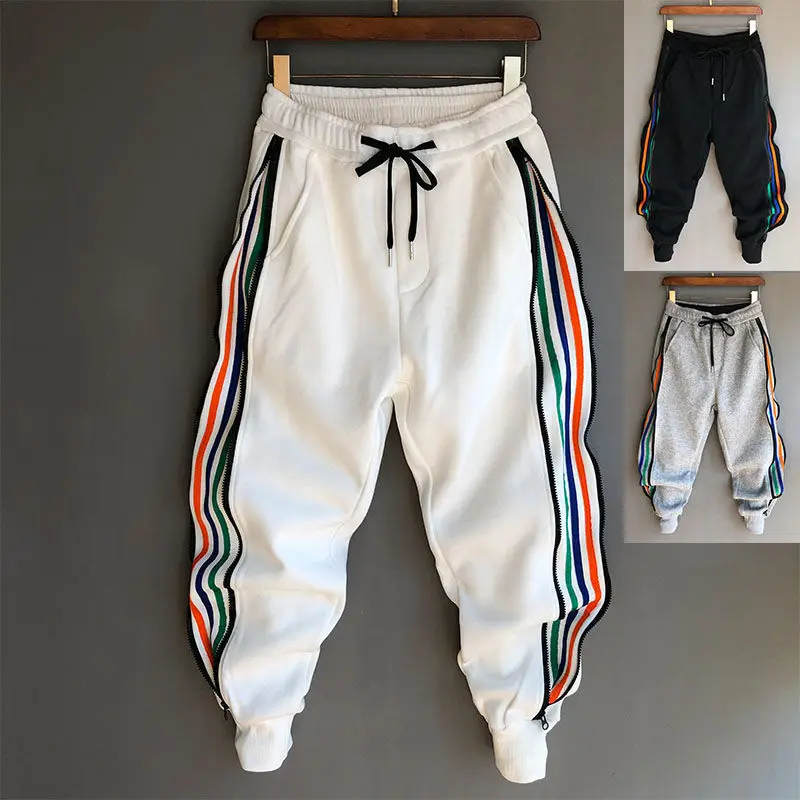

Spring and Autumn Tide brand Harlan casual striped nine points sports loose foot trend zipper pants men and women with the same