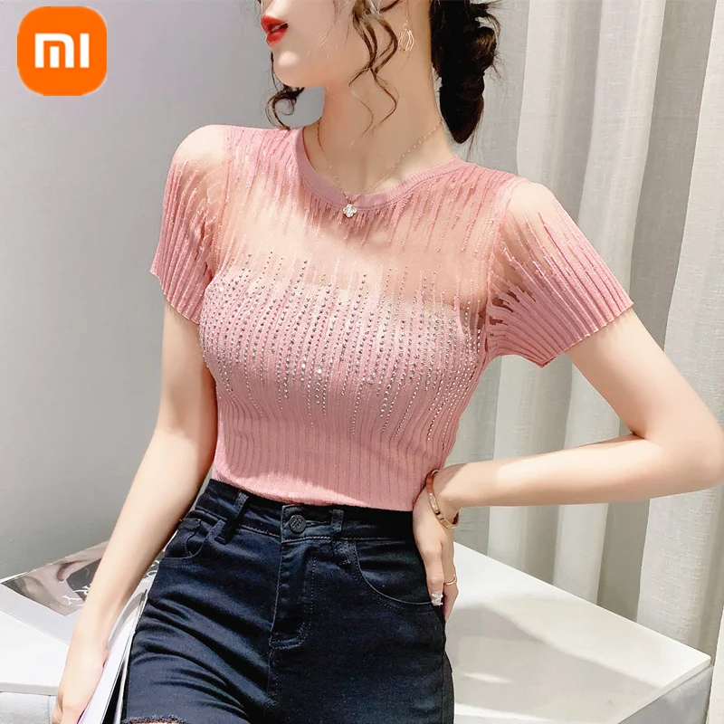 

Xiaomi hollow-out diamond-studded women round neck sweater summer soft skin-friendly breathable sweat-absorbing fashion T-shirt