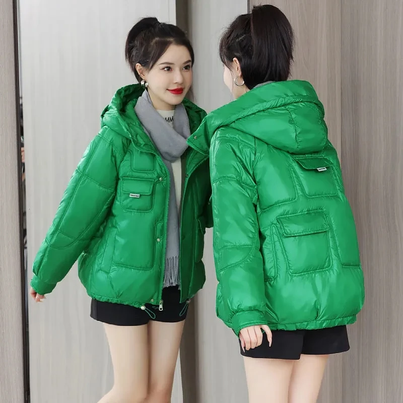 Loose Hooded Cotton Padded Thicken Parkas Korean Long Sleeve Pockets Short Jacket Snow Wear Warm Casacos De Inverno Feminino
