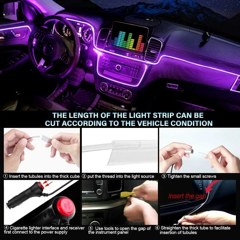NLpearl 5IN1 6M RGB LED Car Ambient Interior Light with App Control Fiber Optic Neon Atmosphere Strip Decorative Lamps |