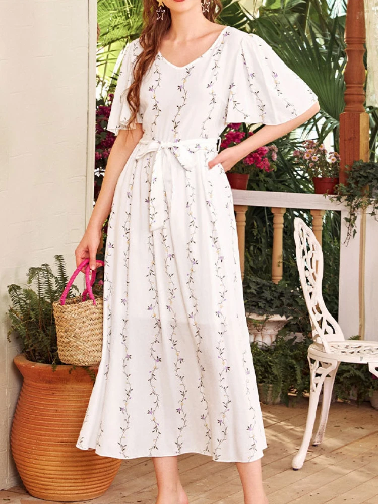 

Женское шифоновое платье миди с цветочным принтом, повседневное элегантное шифоновое платье в полоску в стиле ретро с поясом, дизайнерские ...