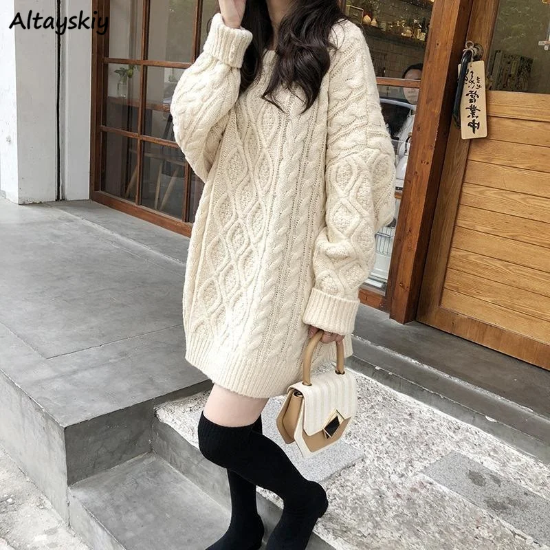 

Pullovers Women Loose Knitting Solid Sweet Ribbed All-match Autumn Twisted Pull Casual Fashion Korean Style Simple Female Tops