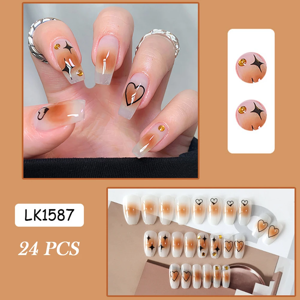 

New 24PCS Long Press on Nail Orange Halo Staining Full Coverage Finished Nail Piece Heart Fake Nails Nails Art Tip Stick On Nail