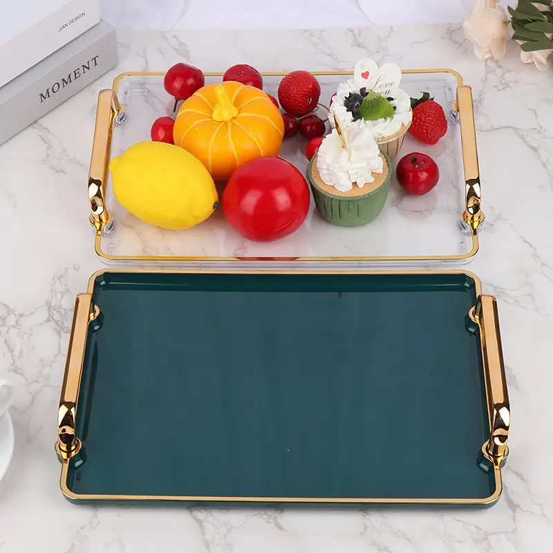 

Luxury Storage Tray Gold Handle Tray Household Cosmetic Storage Decorative Tray Living Room Kitchen Fruit Tea Cup Plastic Plate