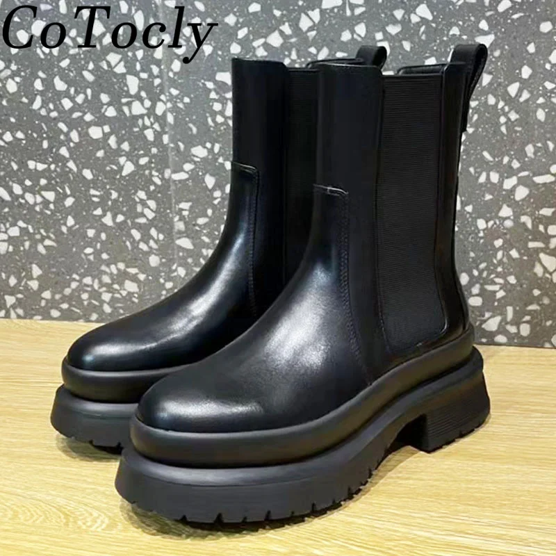 

New Chelsea Boots Women Genuine Leather Thick Sole Mid-Calf Boots Casual Motorcycle Boots Woman Flat Platform Shoes Women