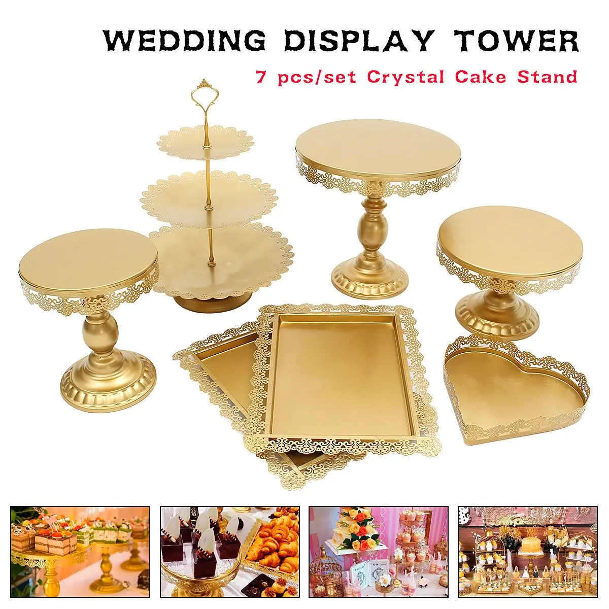 7 Piece Gold White Cake Stand Set Round Metal Crystal Cupcake Dessert Display Pedestal Wedding Party Display