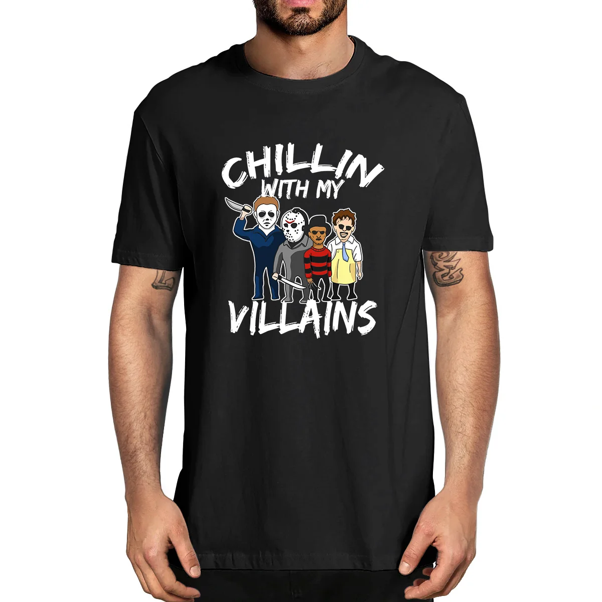 

Chillin With My Villains Jason Voorhees Halloween Character Gift Fan Funny 100% Cotton Summer Men's Novelty Oversized T-Shirt