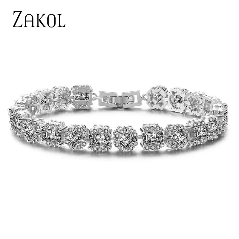 

ZAKOL Shiny AAA Cubic Zirconia Square Bridal jewelry Classic Bracelet for Women Wedding Dinner Party Birthday Gift FSBP2123