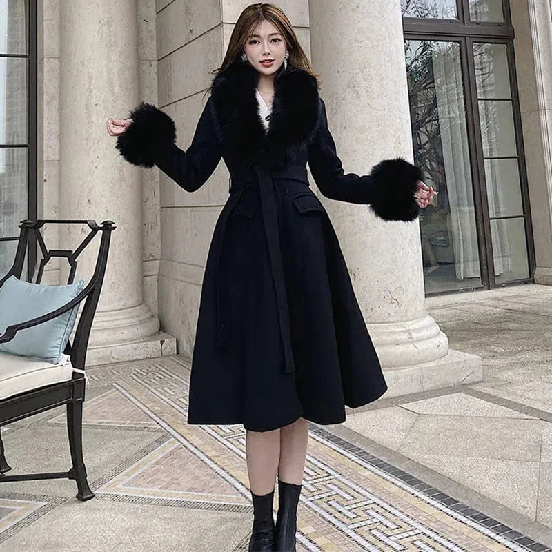 2022 Autumn Winter New Temperament Goddess Fan Woolen Coat Women's Loose Waist Is Thin Long Big Fur Collar Fashion Jacket Female