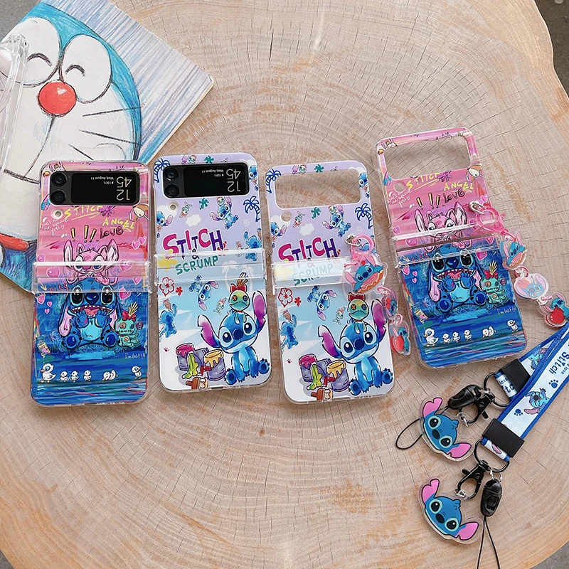 Disney Stitch Colorful Graffiti 3D Doll Hand Chain Phone Case For Samsung Galaxy Z Flip 3 4 5G ZFlip3 ZFlip4 Flip3 Flip4 Cover