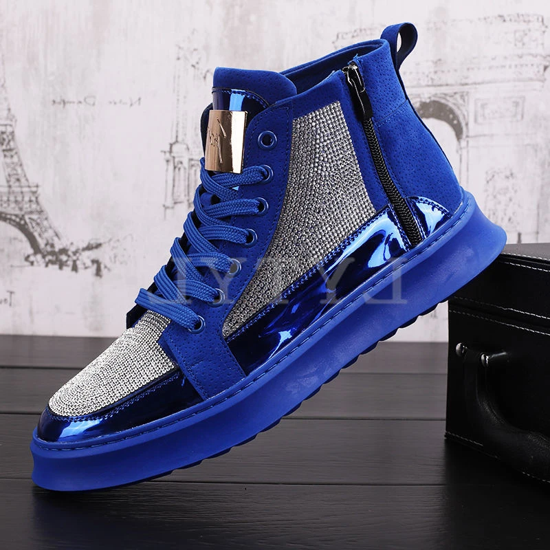 

2022 Cool Men High Top Men Gold Glitter Sneakers Lace Up Crystal Platform Flats Gold Shoes Man Sequins Bling Shoes A1-09